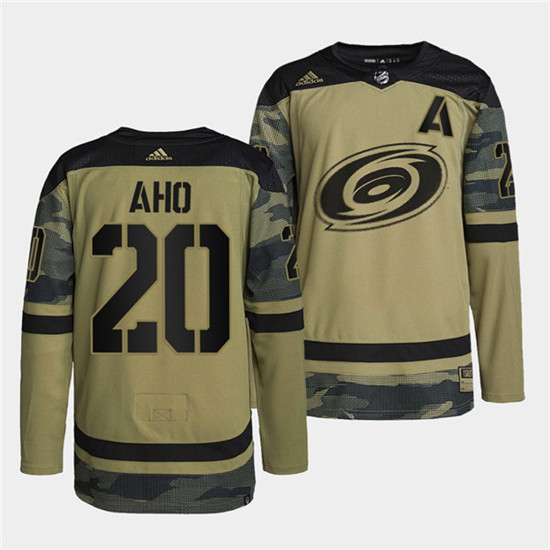 Men's Carolina Hurricanes #20 Sebastian Aho 2022 Camo Military Appreciation Night Stitched Jersey