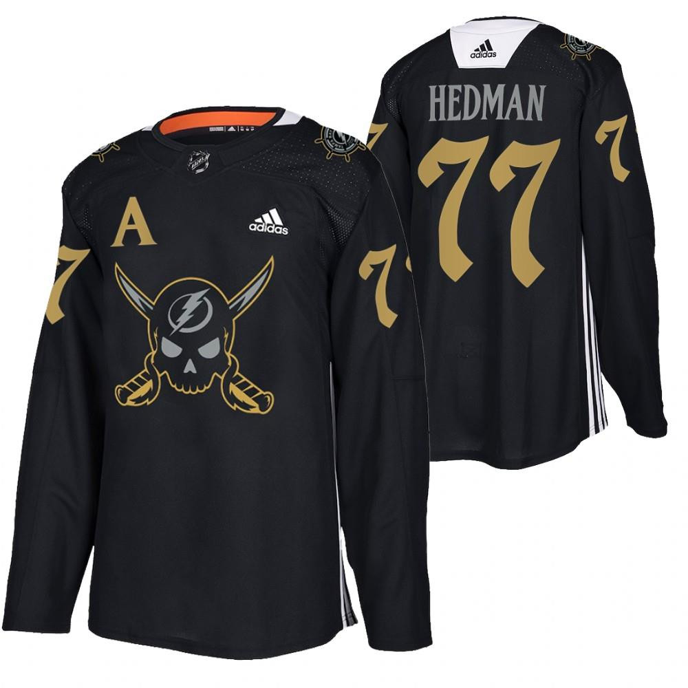 Men's Tampa Bay Lightning #77 Victor Hedman Black Gasparilla Inspired Pirate-Themed Warmup Stitched Jersey