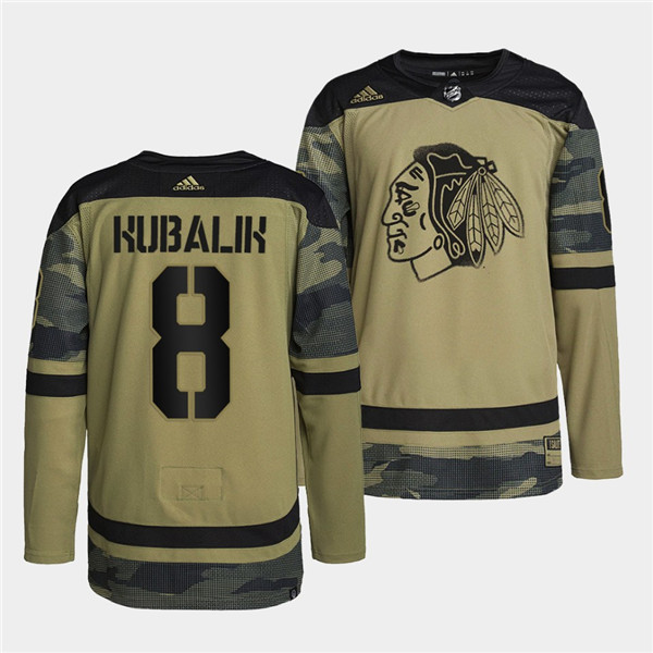 Men's Chicago Blackhawks #8 Dominik Kubalik 2022 Camo Military Appreciation Night White Stitched Jersey