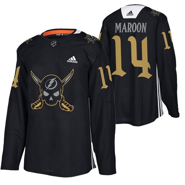 Men's Tampa Bay Lightning #14 Pat Maroon Black Gasparilla Inspired Pirate-Themed Warmup Stitched Jersey