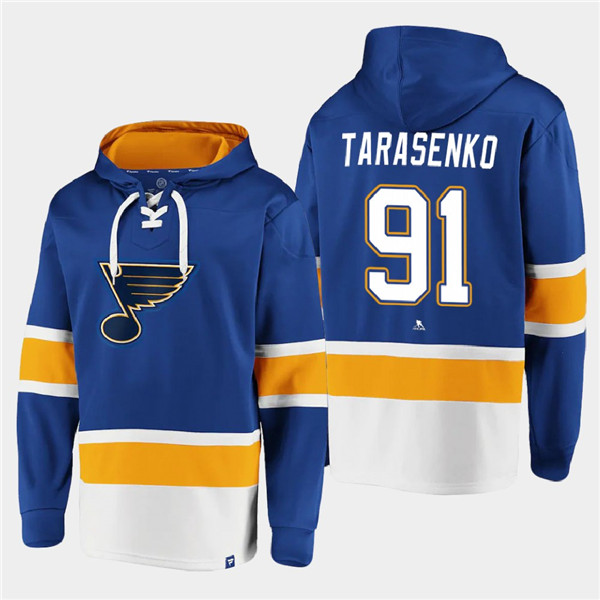 Men's St. Louis Blues #91 Vladimir Tarasenko Blue Ageless Must-Have Lace-Up Pullover Hoodie - Click Image to Close