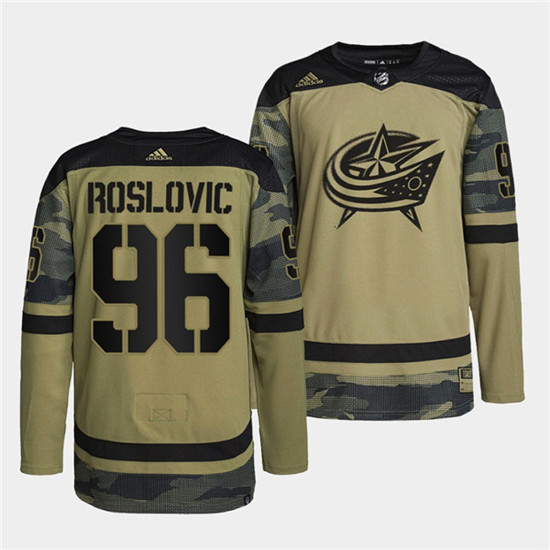 Men's Columbus Blue Jackets #96 Jack Roslovic 2022 Camo Military Appreciation Night Stitched Jersey