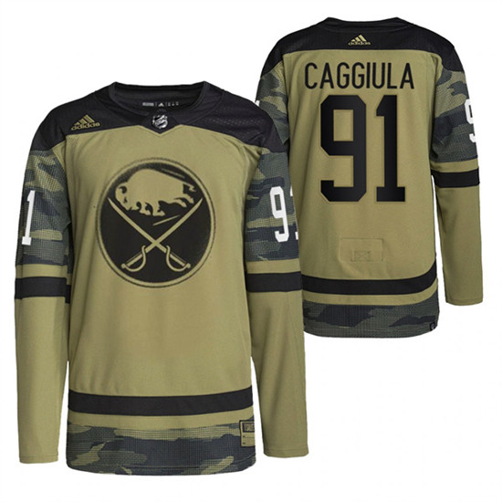 Men's Buffalo Sabres #91 Drake Caggiula 2022 Camo Military Appreciation Night Stitched Jersey