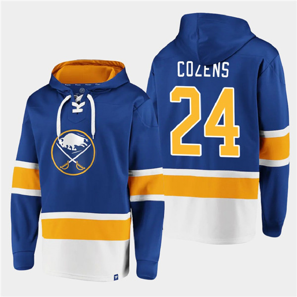 Men's Buffalo Sabres #24 Dylan Cozens Royal Ageless Must-Have Lace-Up Pullover Hoodie - Click Image to Close