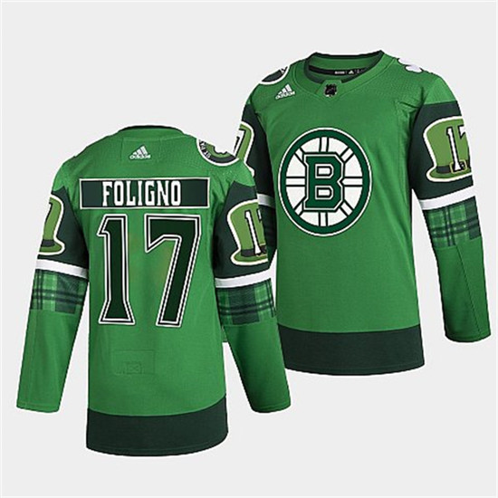 Men's Boston Bruins #17 Nick Foligno 2022 Green St Patricks Day Warm-Up Stitched Jersey