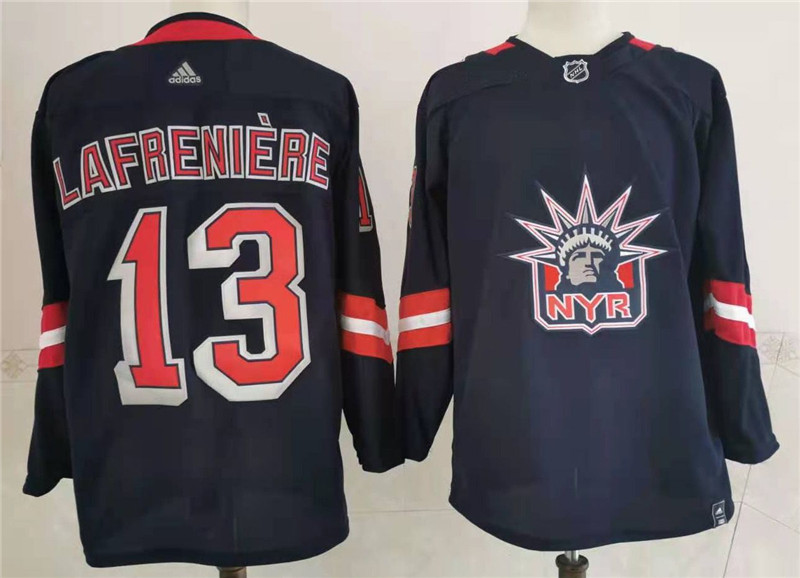 Men's New York Rangers #13 Alexis Lafreni??re 2021 Navy Reverse Retro Stitched NHL Jersey