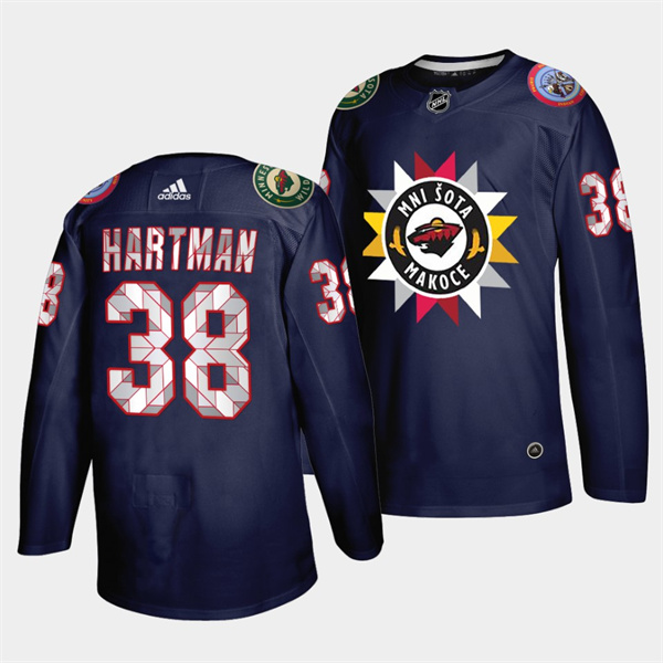 MMen's Minnesota Wild #38 Ryan Hartman 2021/22 Navy Native American Heritage Day Stitched Jersey