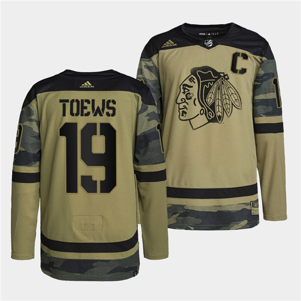 Men's Chicago Blackhawks #19 Jonathan Toews 2022 Camo Military Appreciation Night White Stitched Jersey