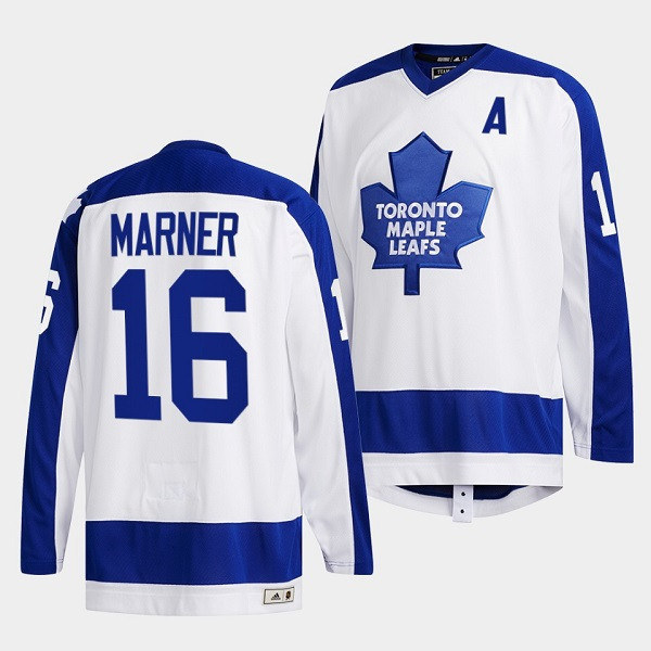 Men's Toronto Maple Leafs #16 Mitchell Marner White Classics Primary Logo Stitched Jersey - Click Image to Close