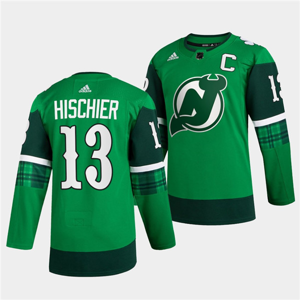 Men's New Jersey Devils #13 Nico Hischier Green Warm-Up St Patricks Day Stitched Jersey