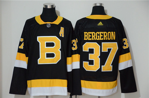 Men's Boston Bruins #37 Patrice Bergeron Black Alternate 2019 Stitched NHL Jersey - Click Image to Close