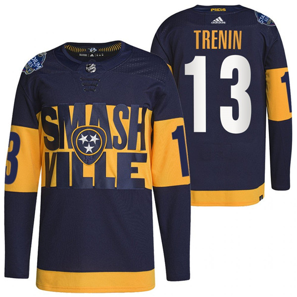 Men's Nashville Predators #13 Yakov Trenin 2022 Navy Stadium Series Breakaway Player Stitched Jersey