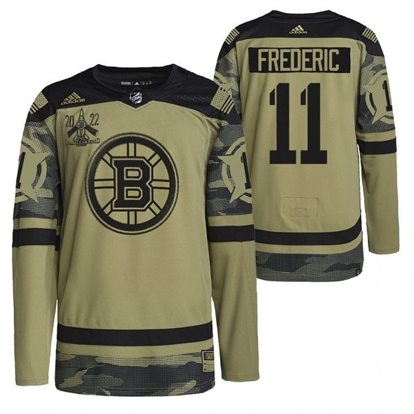 Men's Boston Bruins #11 Trent Frederic 2022 Camo Military Appreciation Night Stitched Jersey - Click Image to Close