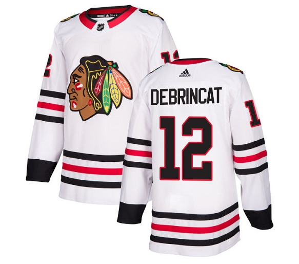 Men's Chicago Blackhawks #12 Alex DeBrincat White Stitched NHL Jersey - Click Image to Close