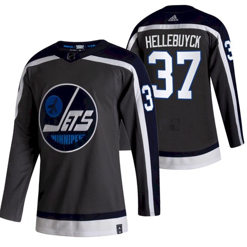 Men's Winnipeg Jets #37 Connor Hellebuyck 2021 Grey Reverse Retro Stitched NHL Jersey - Click Image to Close