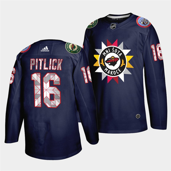 Men's Minnesota Wild #16 Rem Pitlick 2021/22 Navy Native American Heritage Day Stitched Jersey