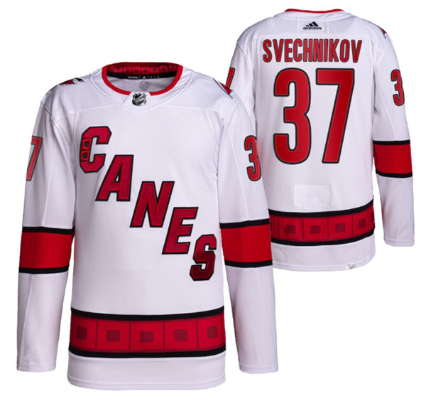 Men's Carolina Hurricanes #37 Andrei Svechnikov White Away Primegreen Pro Stitched Jersey