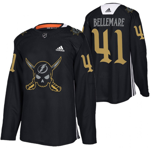 Men's Tampa Bay Lightning #41 Pierre-Edouard Bellemare Black Gasparilla inspired Pirate-themed Warmup Stitched Jersey