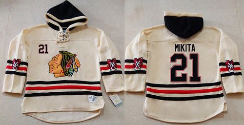 Blackhawks #21 Stan Mikita Cream Heavyweight Pullover Hoodie Stitched NHL Jersey