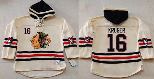 Blackhawks #16 Marcus Kruger Cream Heavyweight Pullover Hoodie Stitched NHL Jersey