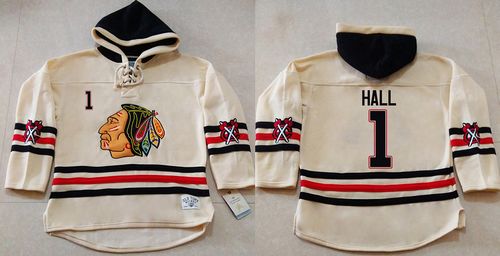 Blackhawks #1 Glenn Hall Cream Heavyweight Pullover Hoodie Stitched NHL Jersey - Click Image to Close