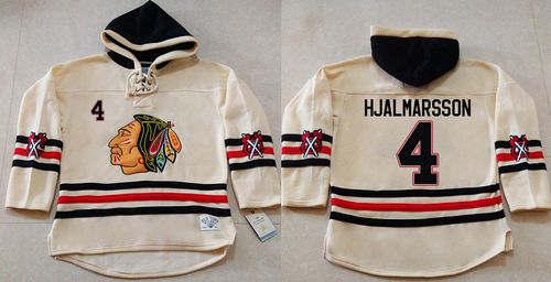 Blackhawks #4 Niklas Hjalmarsson Cream Heavyweight Pullover Hoodie Stitched NHL Jersey - Click Image to Close