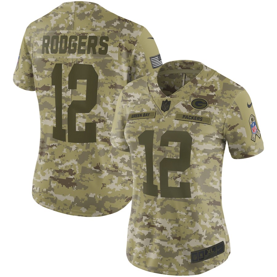 Women's Green Bay Packers #12 Aaron Rodgers 2018 Camo Salute To Service Limited Stitched NFL Jersey