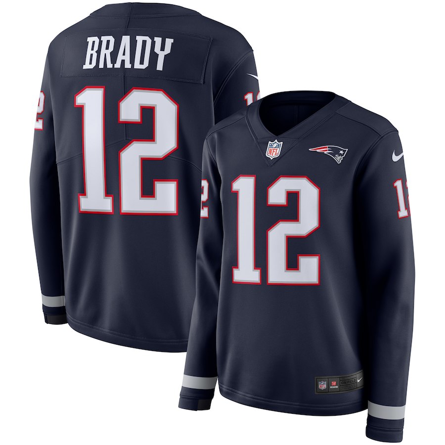 Women's New England Patriots # 12 Tom Brady Navy Therma Long Sleeve Stitched NFL Jersey