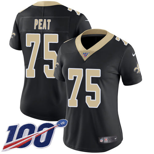 Women's New Orleans Saints #75 Andrus Peat 100th Season Black Vapor Untouchable Limited Stitched NFL Jersey