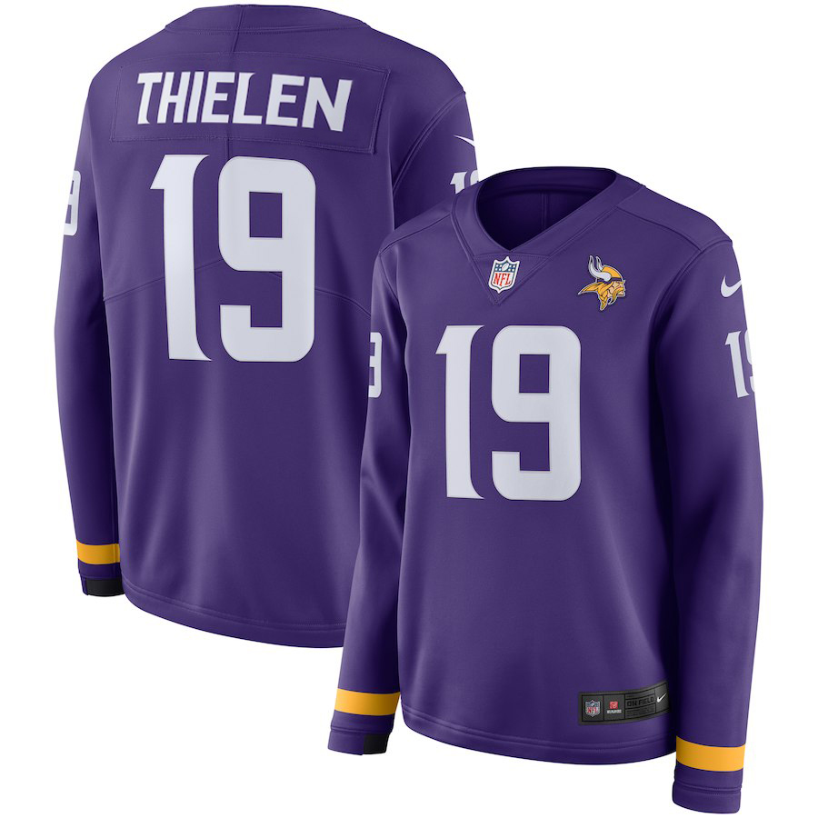 Women's Minnesota Vikings #19 Adam Thielen Purple Therma Long Sleeve Stitched NFL Jersey