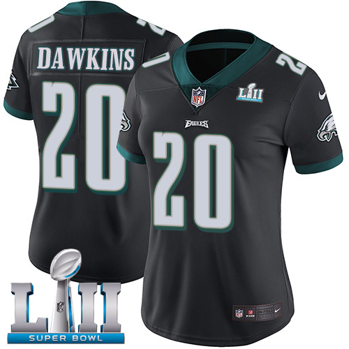 Women's Philadelphia Eagles # 20 Brian Dawkins Black Super Bowl LII Bound Patch Game Event Stitched NFL Jersey