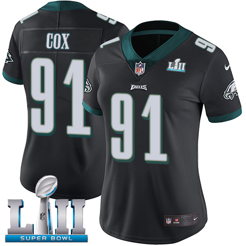 Women's Philadelphia Eagles #91 Fletcher Cox Black Super Bowl LII Bound Patch Game Event Stitched NFL Jersey - Click Image to Close