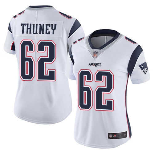 Women's New England Patriots #62 Joe Thuney White Vapor Untouchable Limited Stitched NFL Jersey(Run Small)