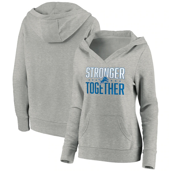 Women's Detroit Lions Heather Gray Stronger Together Crossover Neck Pullover Hoodie(Run Small) - Click Image to Close