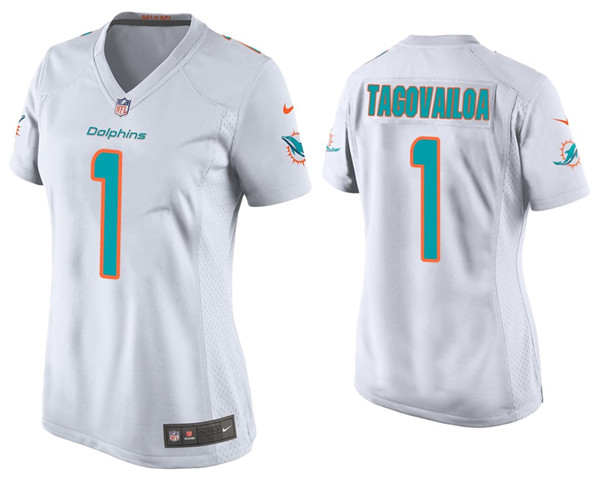 Women's Miami Dolphins #1 Tua Tagovailoa White Stitched Jersey(Run Small) - Click Image to Close