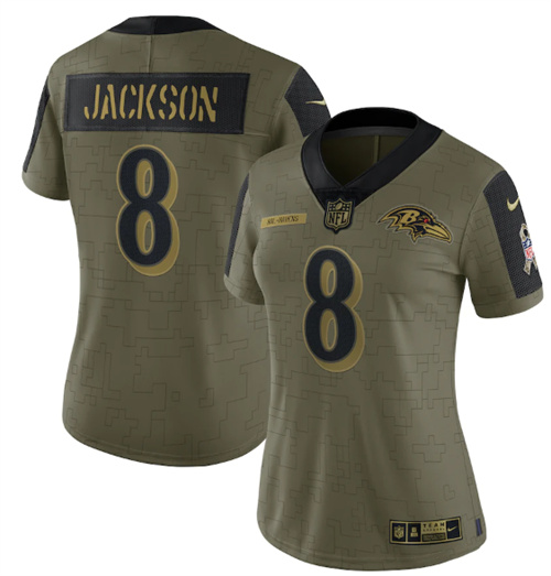 Women's Baltimore Ravens #8 Lamar Jackson 2021 Olive Salute To Service Limited Stitched Jersey(Run Small)