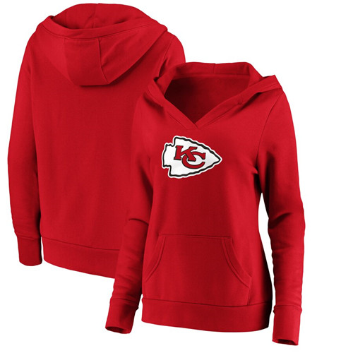 Women's Kansas City Chiefs Red Primary Team Logo V-Neck Pullover Hoodie(Run Small)