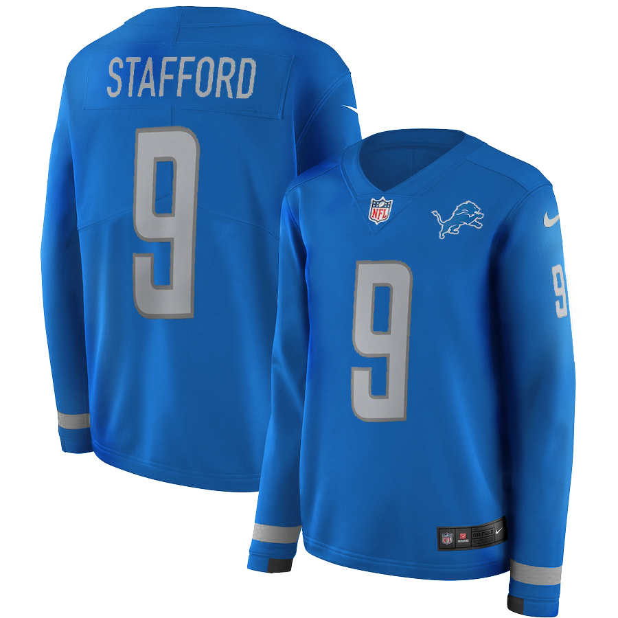 Women's Nike Detroit Lions #9 Matthew Stafford Blue Therma Long Sleeve Stitched NFL Jersey