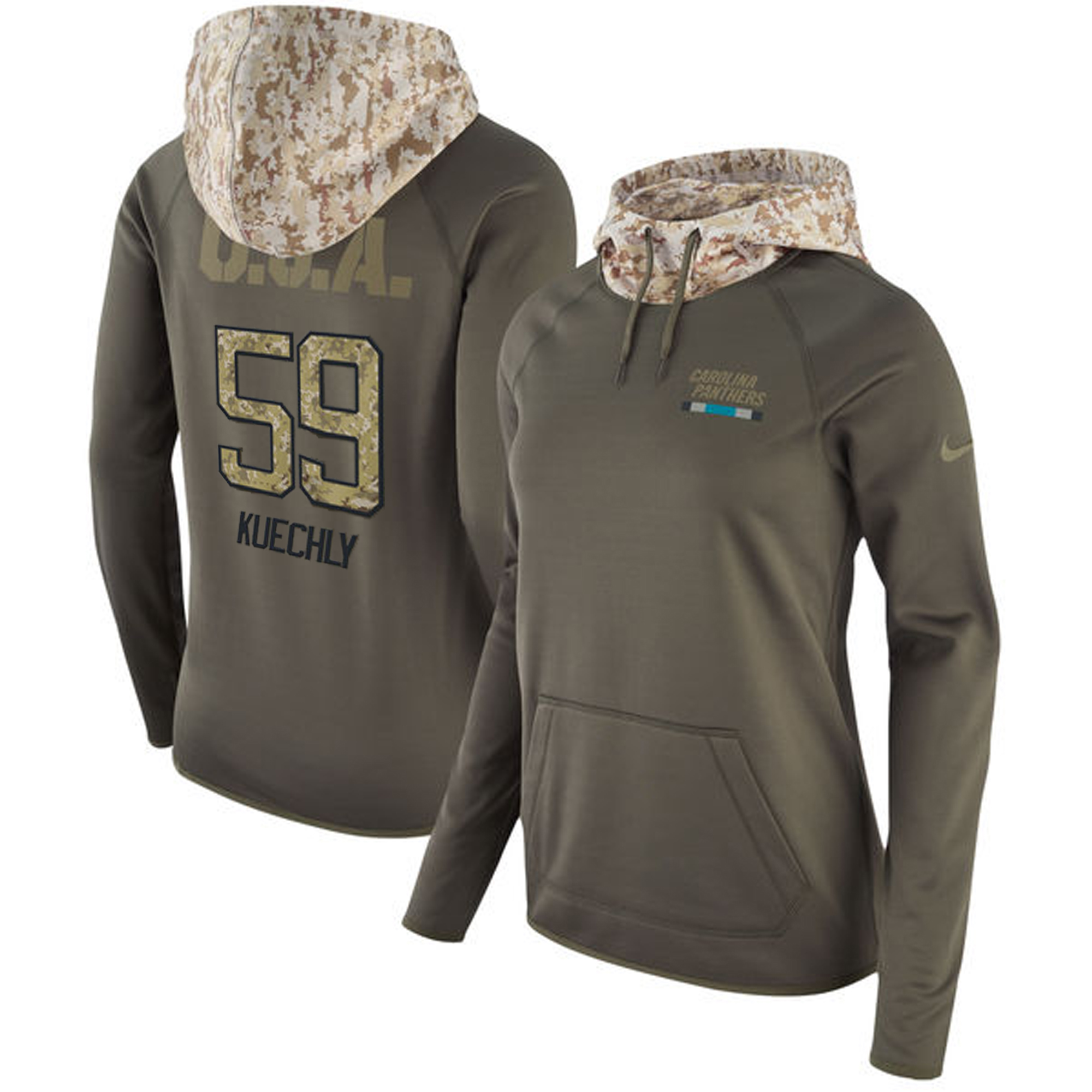 Women's Carolina Panthers #59 Luke Kuechly Olive Salute to Service Sideline Therma Pullover Hoodie - Click Image to Close