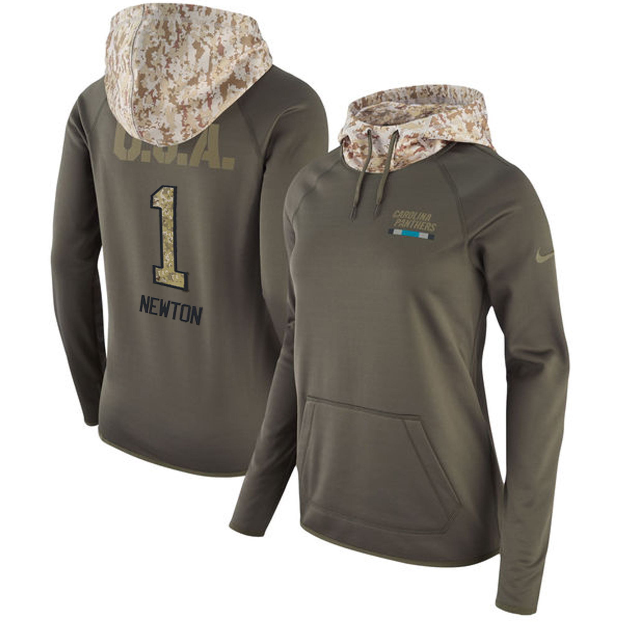 Women's Carolina Panthers #1 Cam Newton Olive Salute to Service Sideline Therma Pullover Hoodie - Click Image to Close