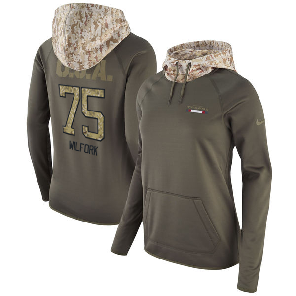 Women's Houston Texans #75 Vince Wilfork Olive Salute to Service Sideline Therma Pullover Hoodie - Click Image to Close