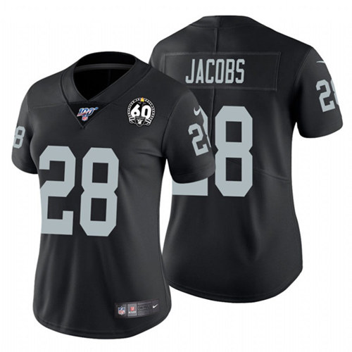 Women's Oakland Raiders #28 Josh Jacobs Black 60th Anniversary Vapor Limited Stitched NFL 100th Season Jersey