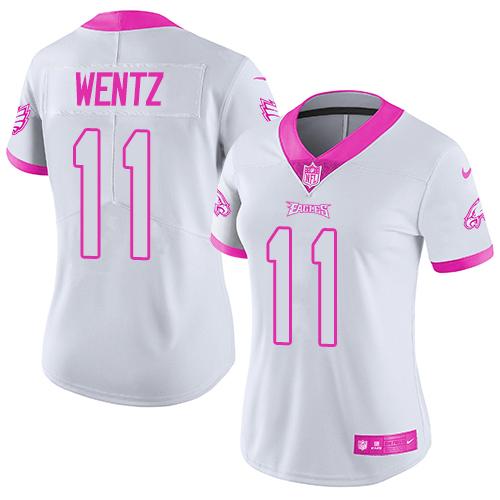 Nike Eagles #11 Carson Wentz White/Pink Women's Stitched NFL Limited Rush Fashion Jersey - Click Image to Close