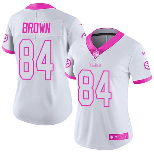 Nike Steelers #84 Antonio Brown White/Pink Women's Stitched NFL Limited Rush Jersey(Run Small) - Click Image to Close