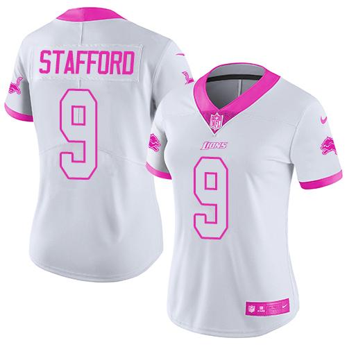 Nike Lions #9 Matthew Stafford White/Pink Women's Stitched NFL Limited Rush Fashion Jersey - Click Image to Close