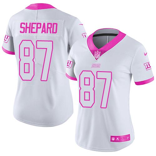 Nike Giants #87 Sterling Shepard White/Pink Women's Stitched NFL Limited Rush Fashion Jersey - Click Image to Close