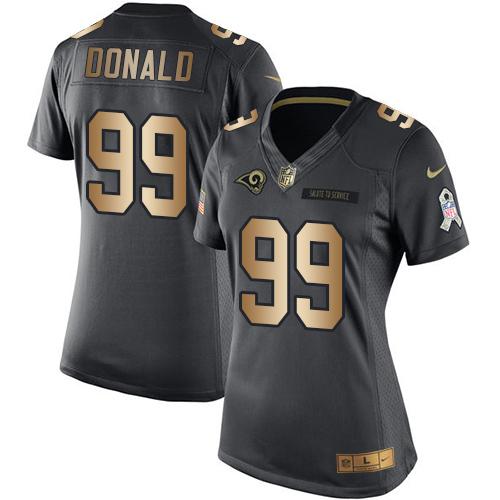 Nike Rams #99 Aaron Donald Black Women's Stitched NFL Limited Gold Salute to Service Jersey - Click Image to Close