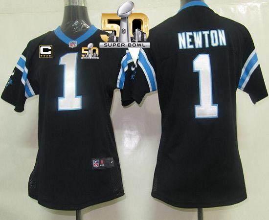 Nike Panthers #1 Cam Newton Black Team Color With C Patch Super Bowl 50 Women's Stitched NFL Elite Jersey