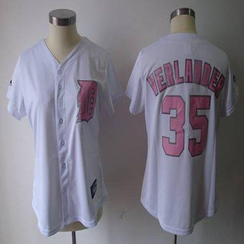 Women's Tigers #35 Justin Verlander White Pink Number Fashion Stitched MLB Jersey