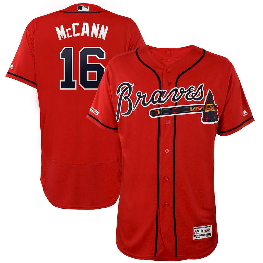 Atlanta Braves #16 Brian McCann Majestic Alternate Authentic Collection Flex Base Player Jersey Scarlet